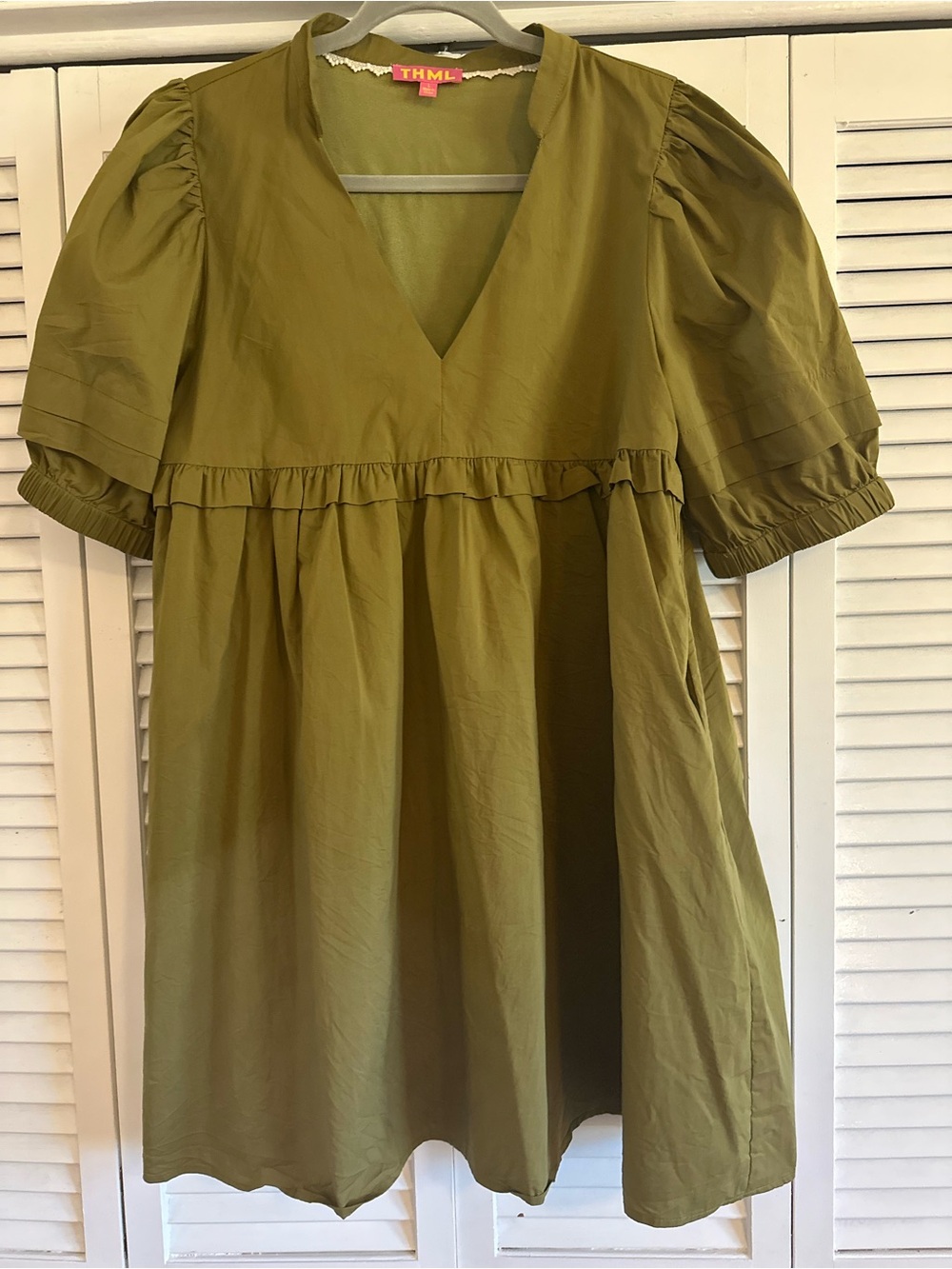 THML Olive Puff Sleeve Babydoll Dress